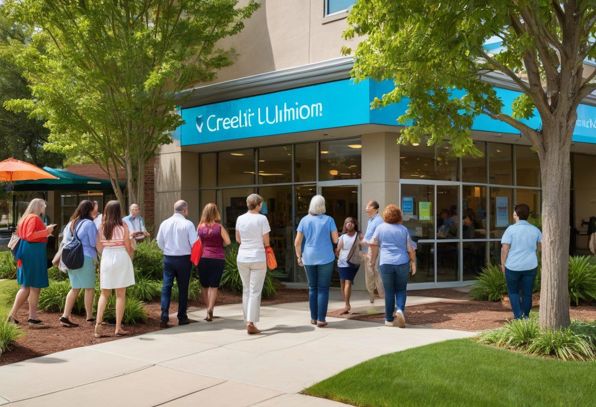 A vibrant community scene showcasing a credit union branch bustling with diverse individuals engaged in cheerful interactions, depicting families, seniors, and young professionals. Bright banners highlighting community events and financial education workshops create a warm, welcoming atmosphere. Lush greenery and smiling faces enhance the joyous spirit, symbolizing the positive impact of credit unions on well-being. Super-realistic. Vibrant colors. White background.