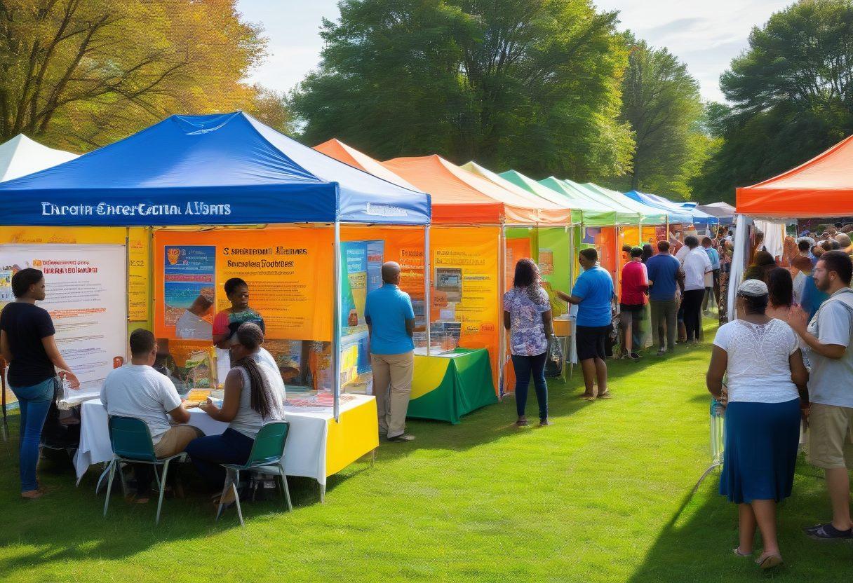 A vibrant scene showcasing a diverse group of happy people engaging in a community credit union event, with banners promoting affordable loans and financial education. Include informative booths, smiling representatives, and interactive workshops in a sunny park setting. Incorporate elements like flyers and educational materials to emphasize learning about financial literacy. super-realistic. vibrant colors. sunny atmosphere.