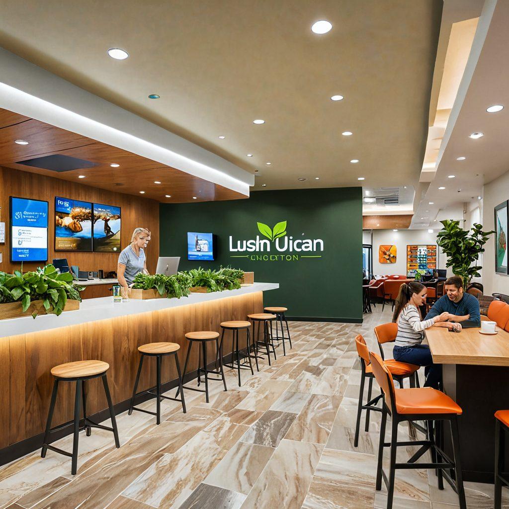 A cheerful community scene showcasing diverse people smiling and engaging with each other in a bright, welcoming credit union space. Include elements like a friendly staff member helping a family at a counter, interactive screens displaying financial wellness tips, and a cozy corner with children reading books. Surround the setting with plants and warm lighting to evoke a sense of joy and stability. super-realistic. vibrant colors. cozy atmosphere.